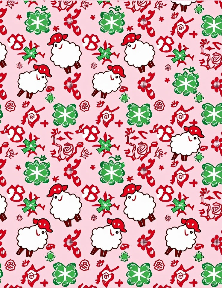Pink White Sheep Clover Red Accents Rug