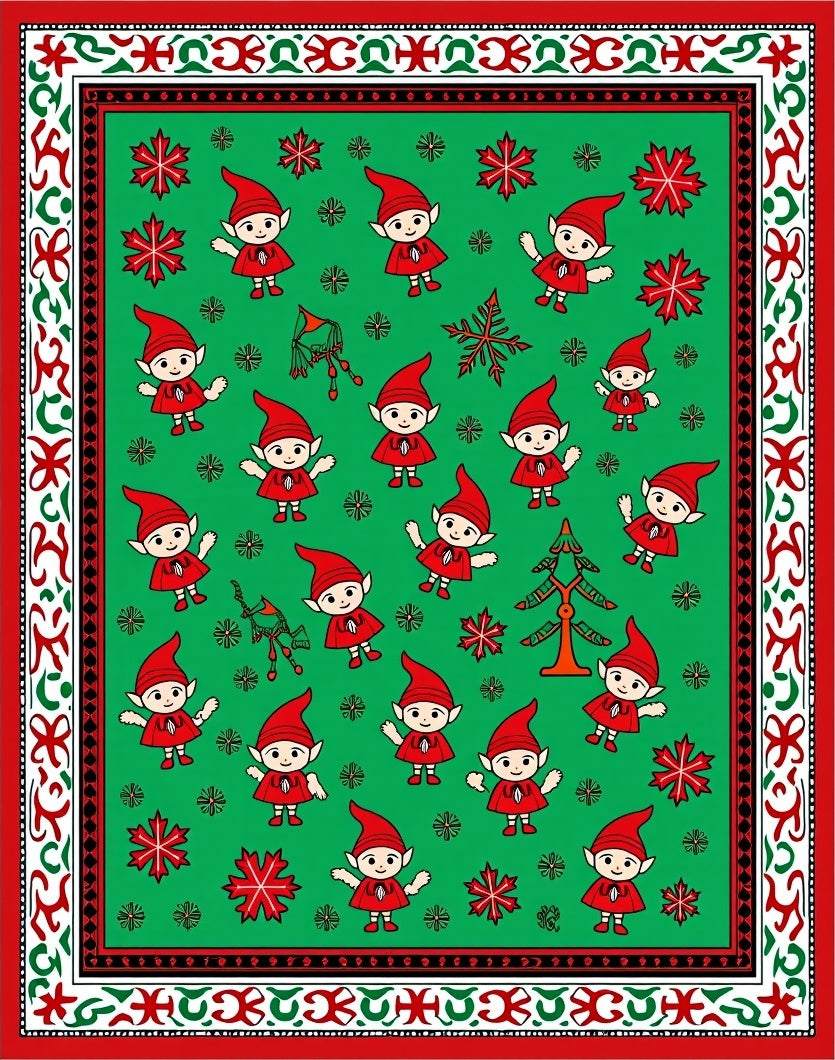 Festive Elf Red Christmas Tree Snowflakes Rug