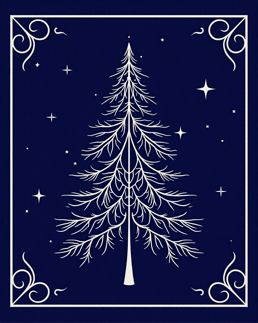 Celestial Christmas Tree White Line Art Rug