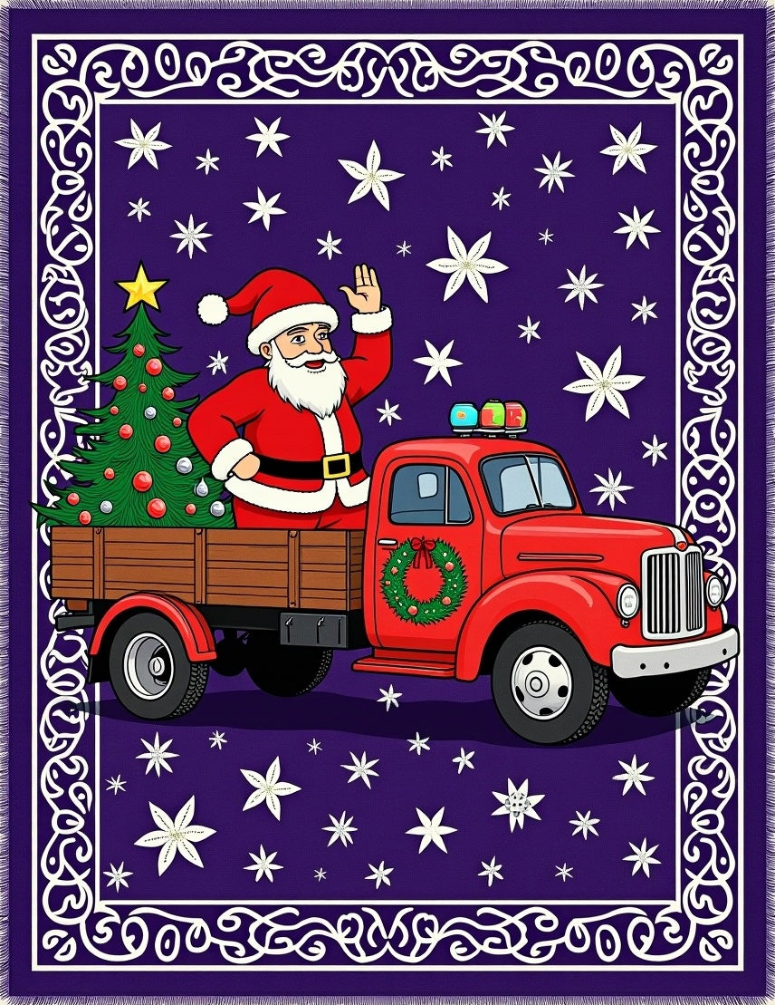 Whimsical Santa Red Truck Snowflakes Rug