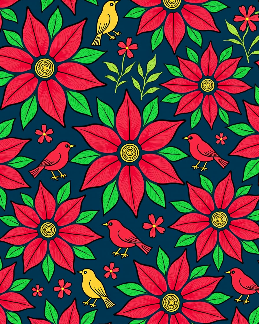 Vibrant Red Floral Bird Medallion Rug