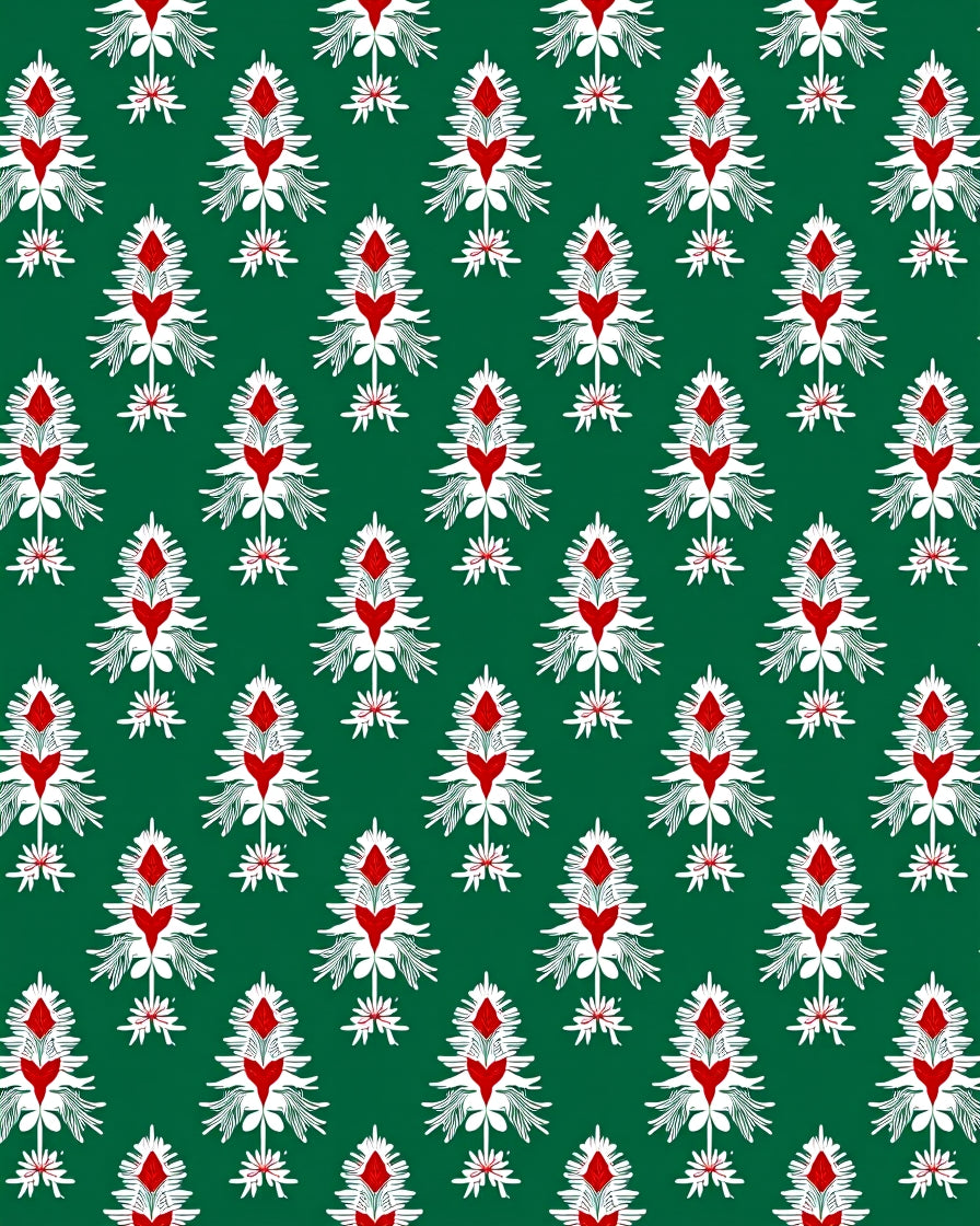 Green Red White Stylized Floral Repeat Rug