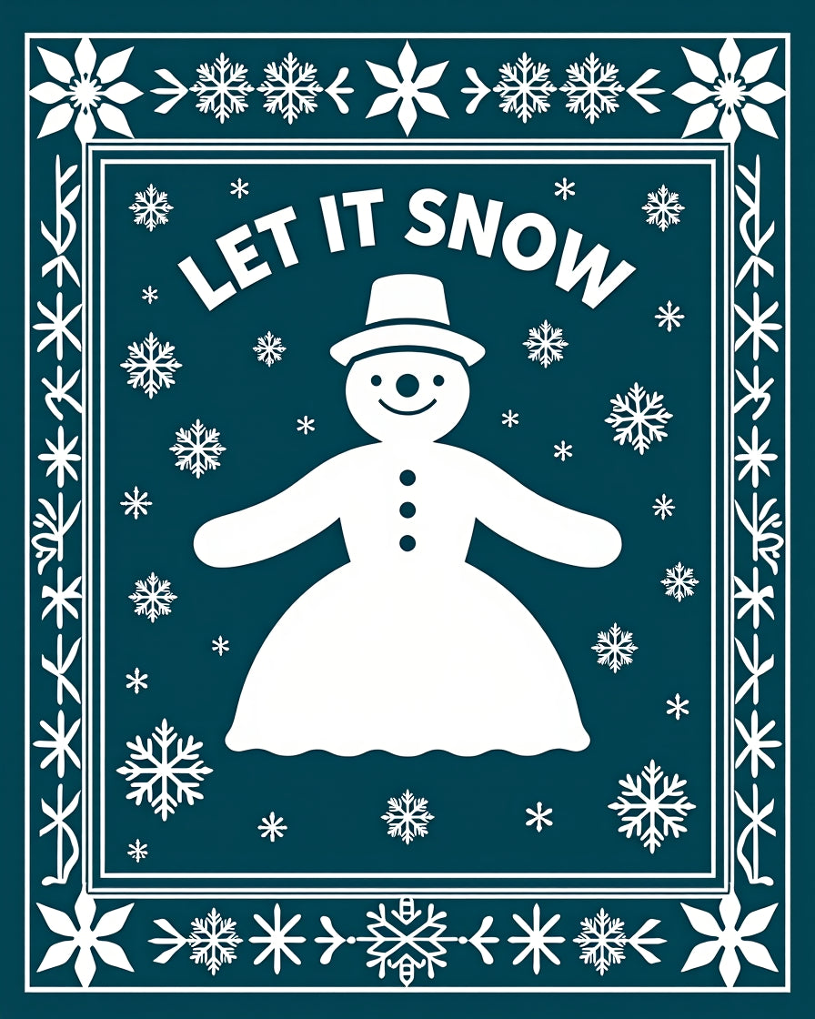 Teal White Snowman Snowflake Border Rug