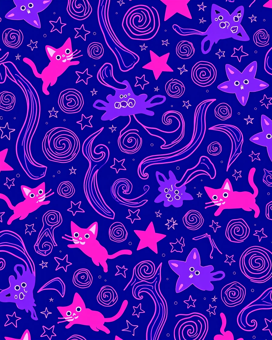 Whimsical Pink Cats Purple Stars Rug