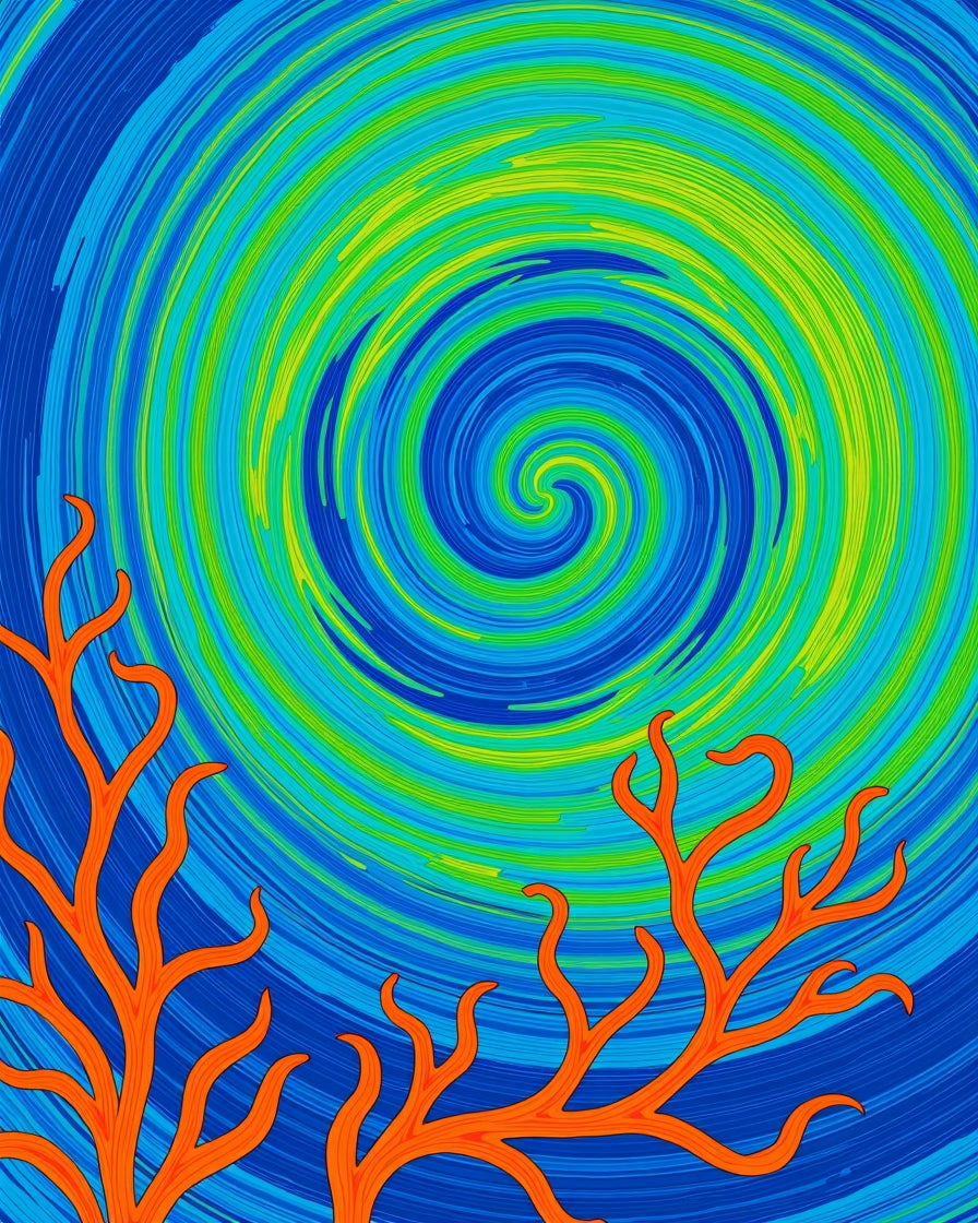 Bright Orange Coral Swirl Blue Rug