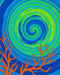 Bright Orange Coral Swirl Blue Rug