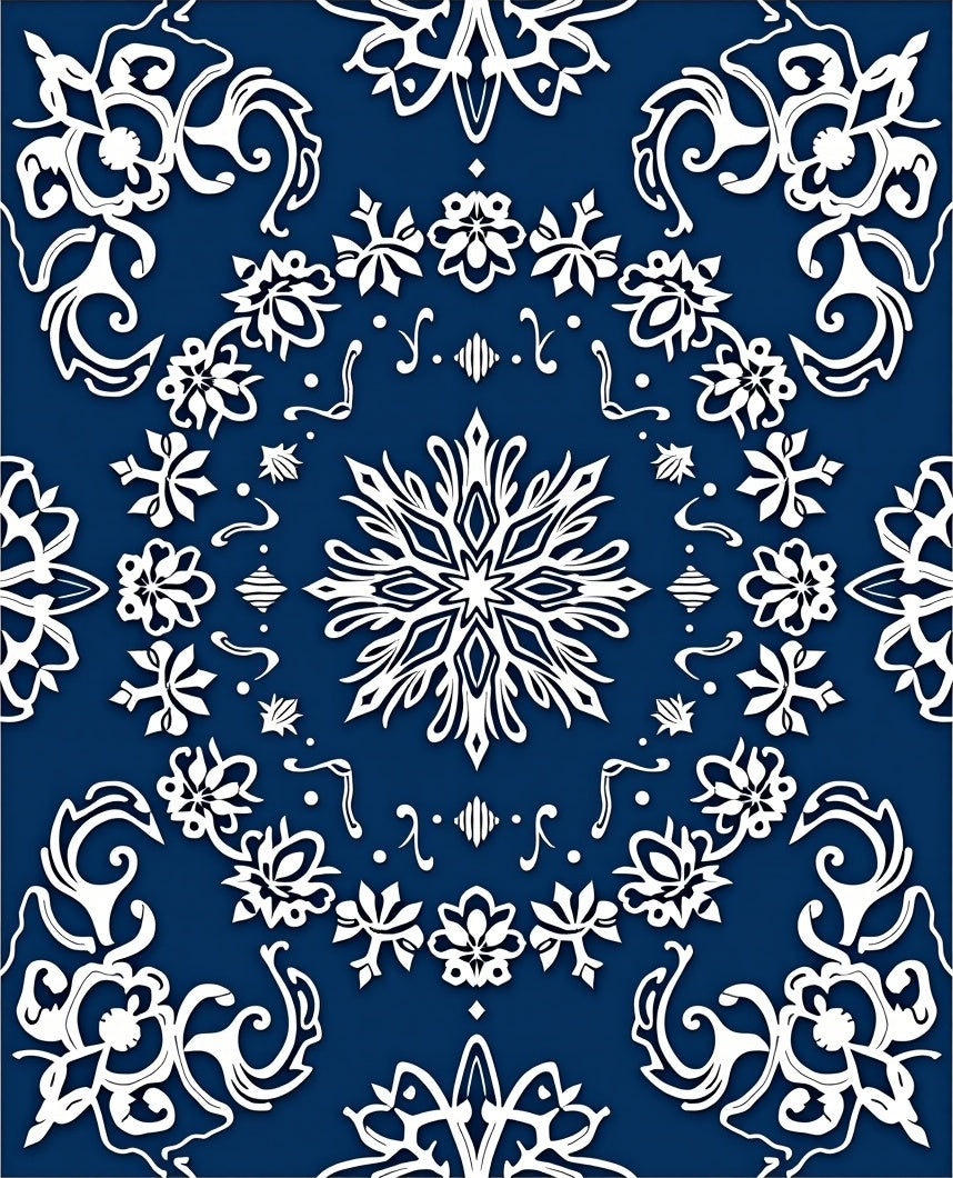 Deep Blue White Floral Snowflake Harmony Rug