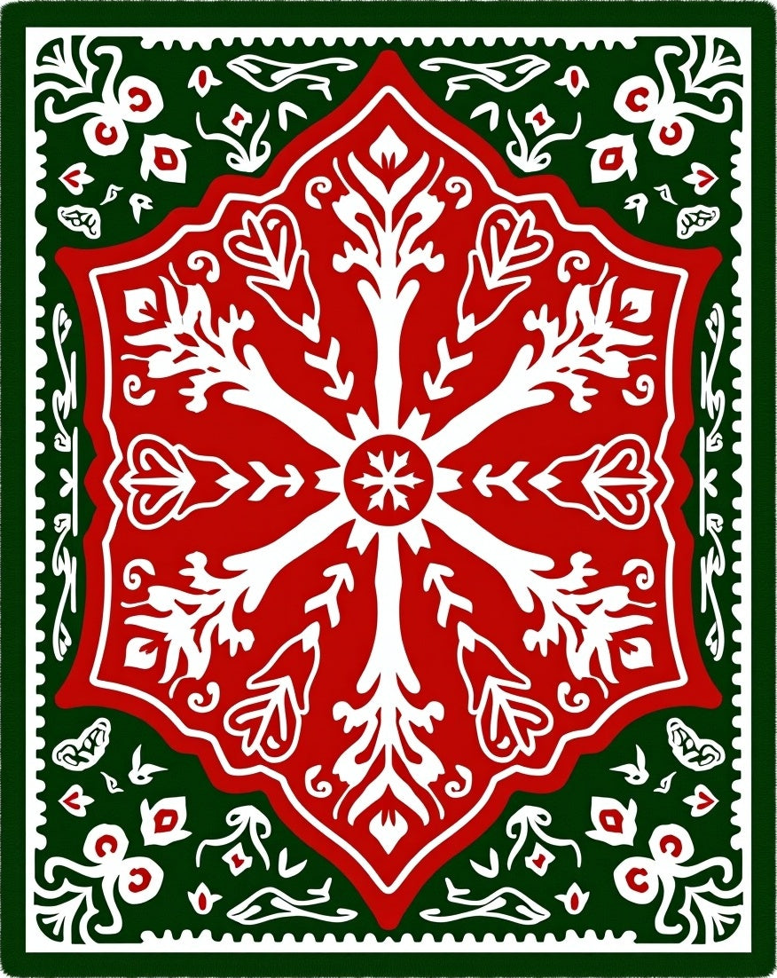 Festive Red White Green Floral Medallion Rug