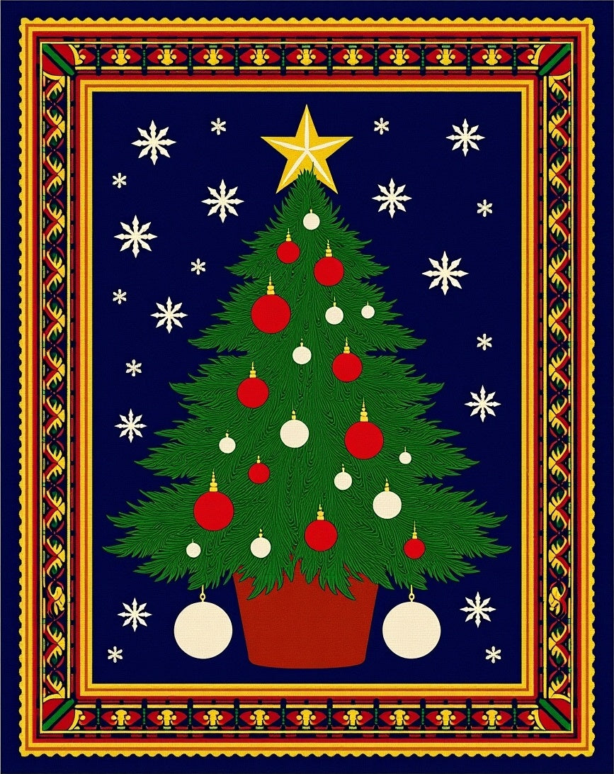 Festive Green Christmas Tree Snowflake Border Rug