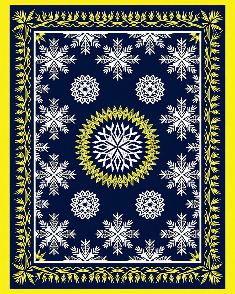 Navy Blue White Yellow Snowflake Medallion Rug