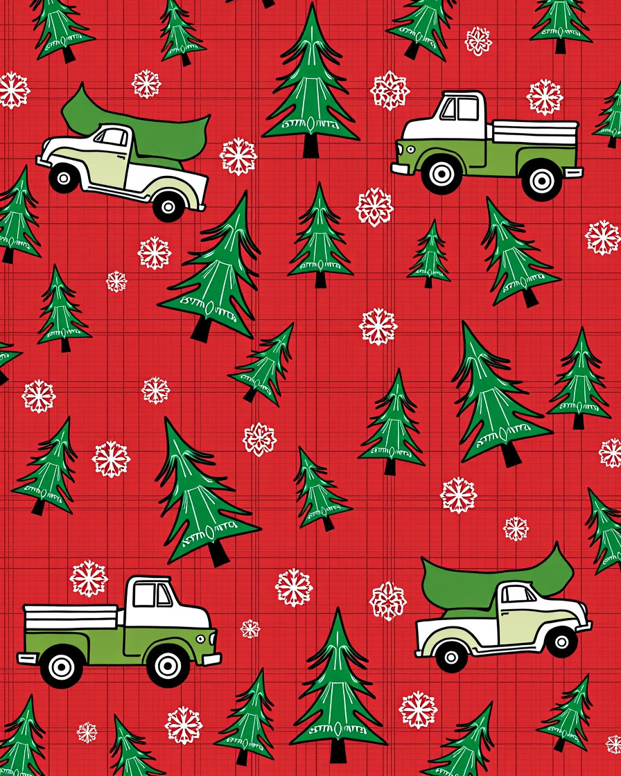 Red Plaid Christmas Trees Trucks Snowflakes Rug