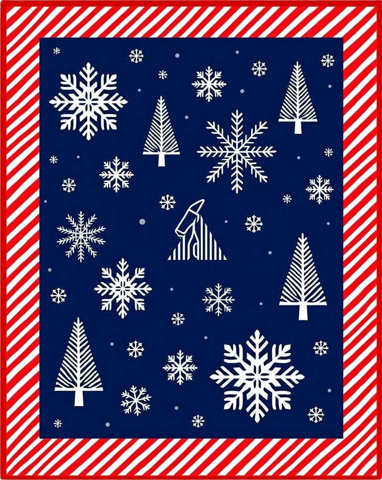 Navy White Red Snowfall Trees Border Rug