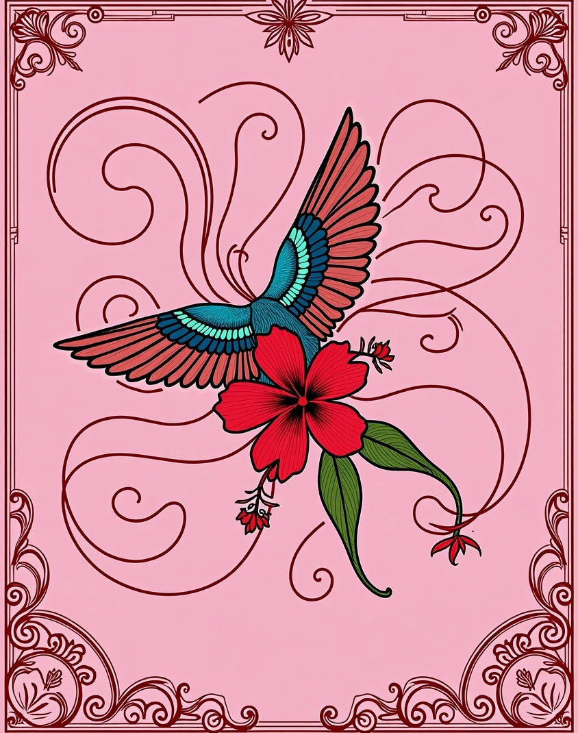 Crimson Pink Bird Hibiscus Swirl Rug