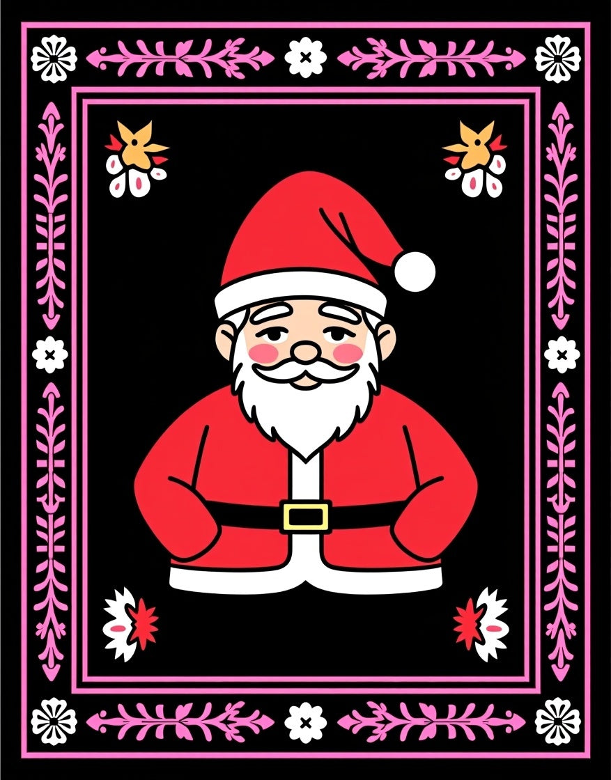 Festive Santa Claus Pink Floral Border Rug