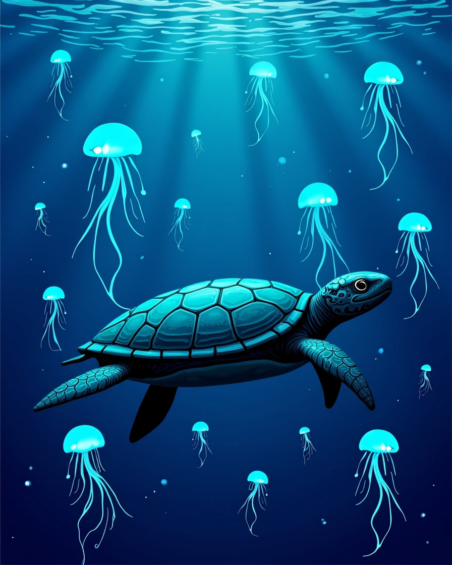 Deep Blue Jellyfish Turtle Ocean Rug
