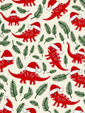 Red Dinosaur Christmas Santa Hats Ferns Rug