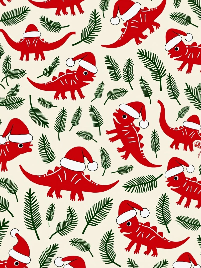 Red Dinosaur Christmas Santa Hats Ferns Rug