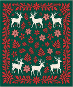 Festive White Deer Red Floral Border Rug