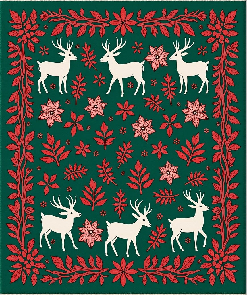 Festive White Deer Red Floral Border Rug