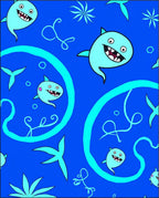 Whimsical Blue Cartoon Fish Swirl Rug