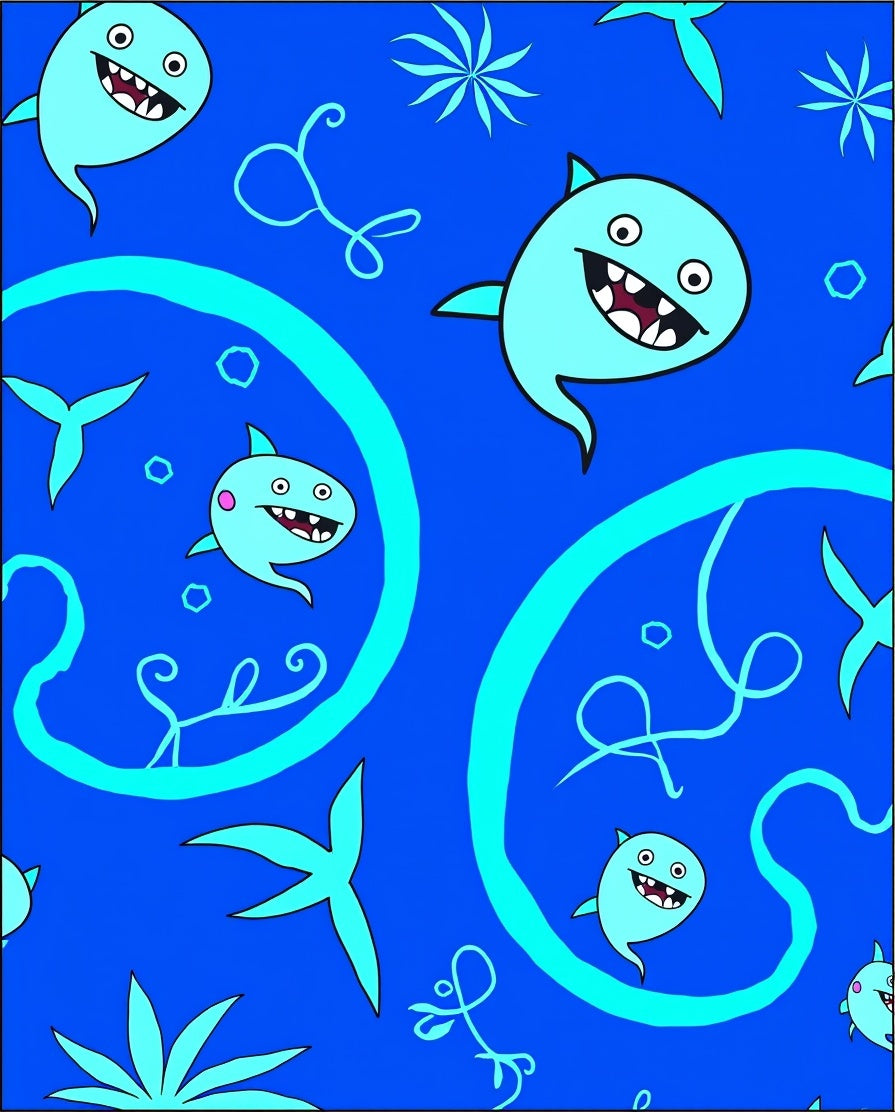 Whimsical Blue Cartoon Fish Swirl Rug