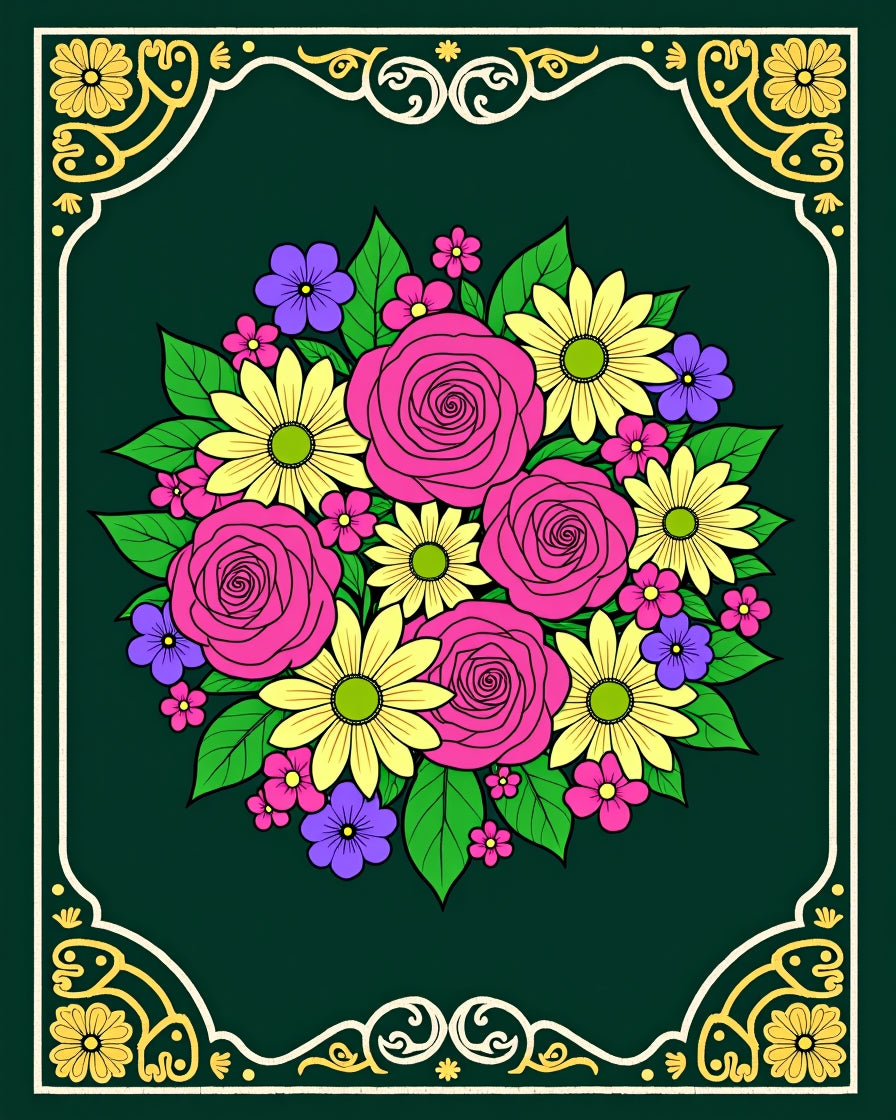 Vibrant Pink Rose Yellow Daisy Bouquet Rug