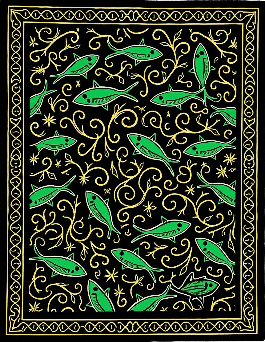 Black Green Fish Swirl Botanical Border Rug