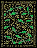 Black Green Fish Swirl Botanical Border Rug