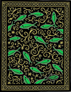 Black Green Fish Swirl Botanical Border Rug