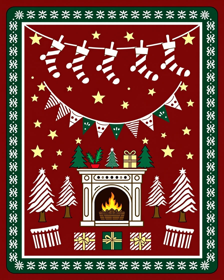 Festive Red Christmas Fireplace Trees Rug