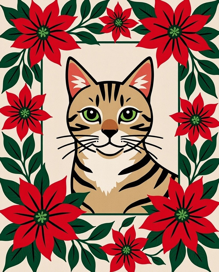 Cheeky Tabby Cat Poinsettia Frame Rug