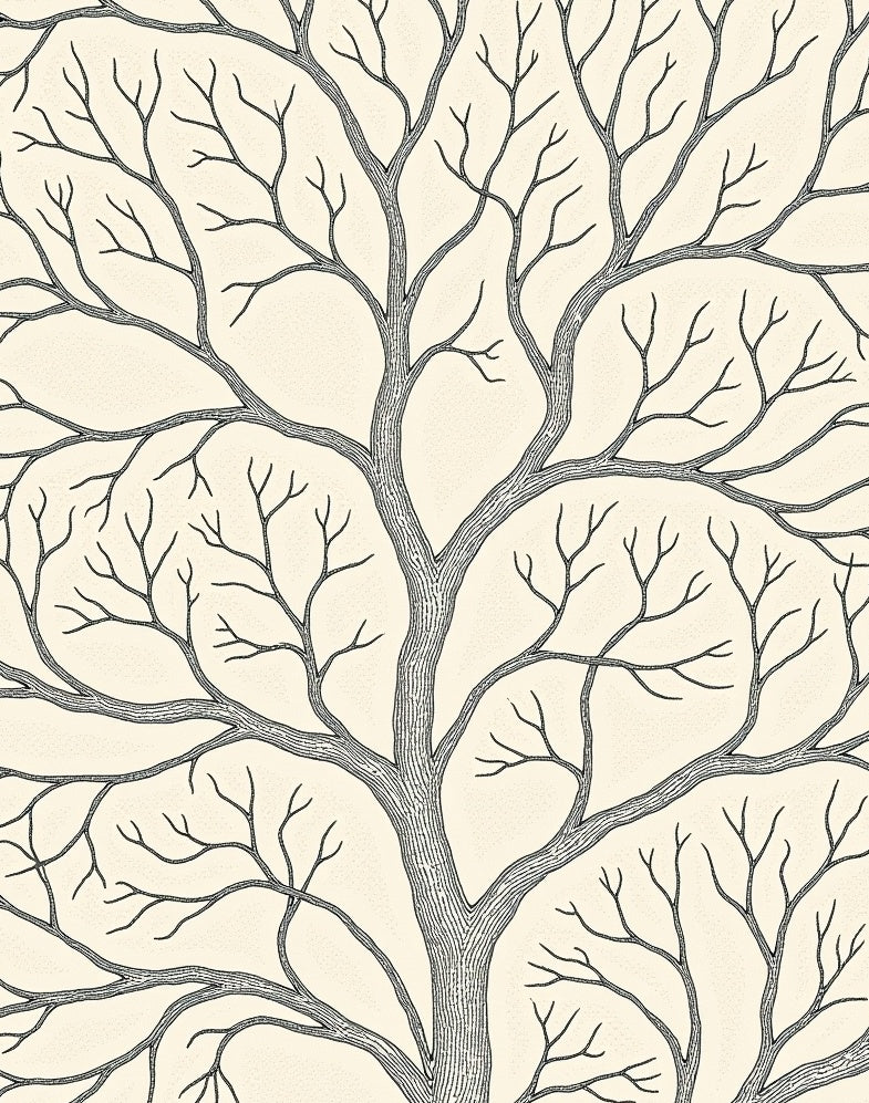 Cream and Charcoal Branchy Tree Illustration Rug