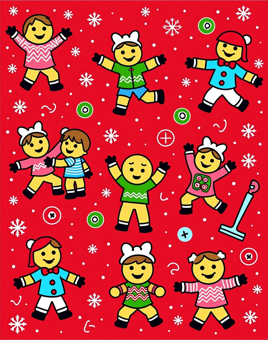 Festive Red Gingerbread Friends Snowflakes Rug