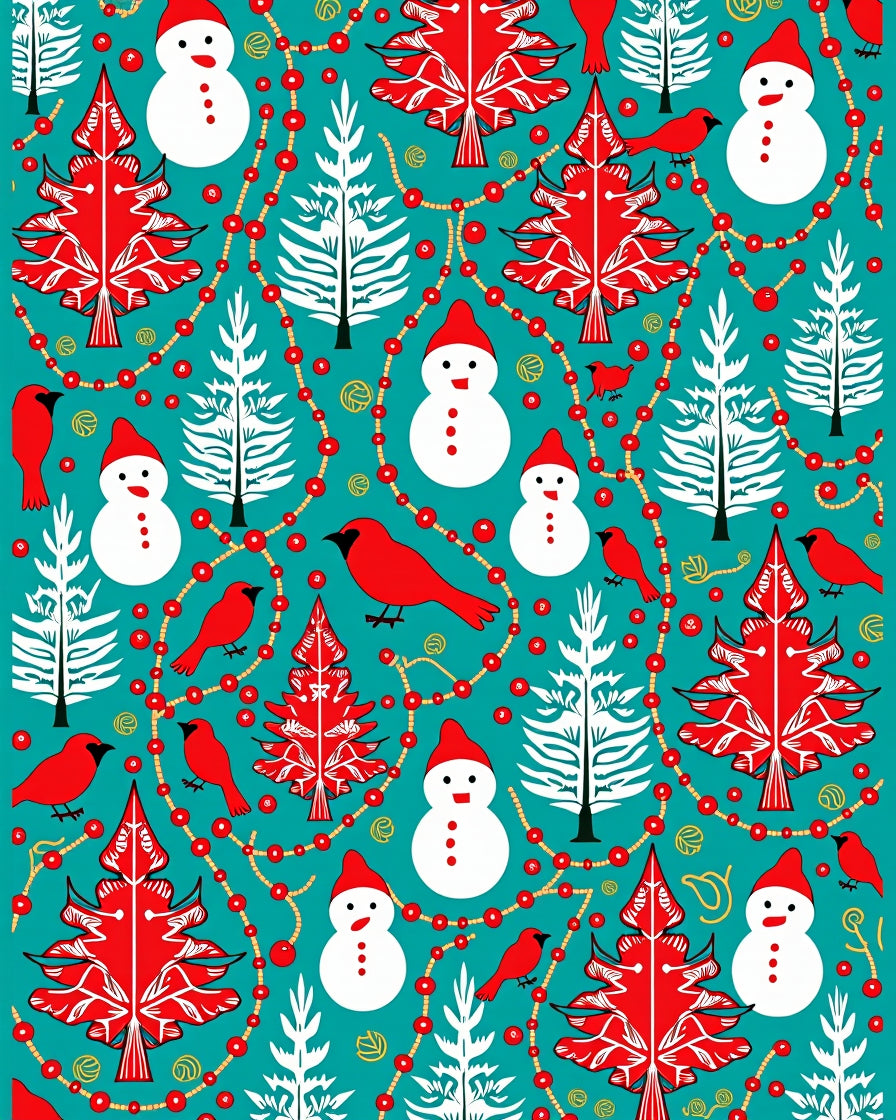 Whimsical Red Cardinal Snowman Trees Rug