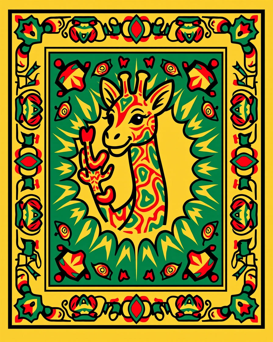 Yellow Green Red Giraffe Border Rug