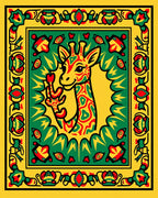 Yellow Green Red Giraffe Border Rug