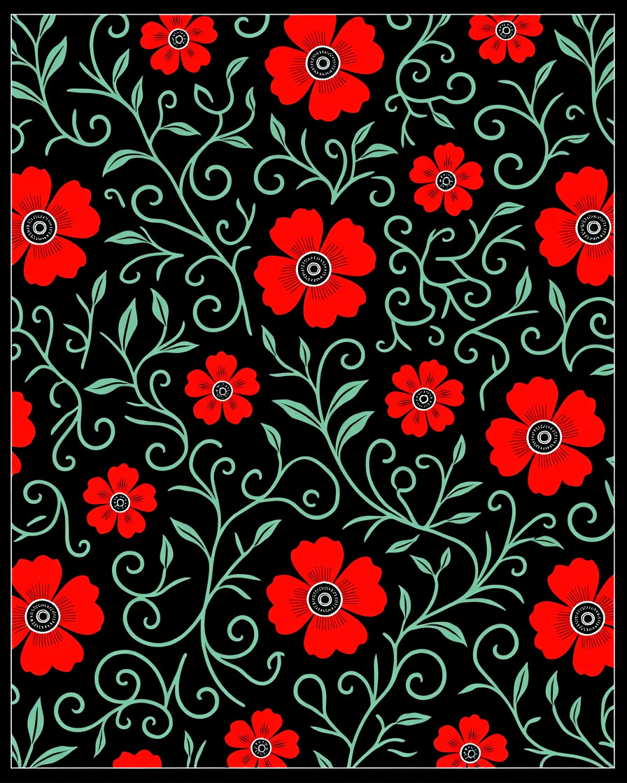 Black Red Floral Vines Swirls Rug