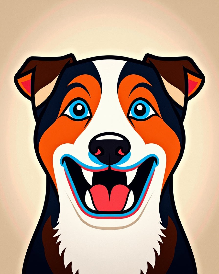 Happy Orange Blue White Dog Portrait Rug