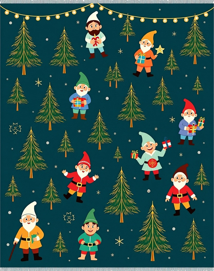 Festive Garden Gnomes Christmas Trees Teal Rug