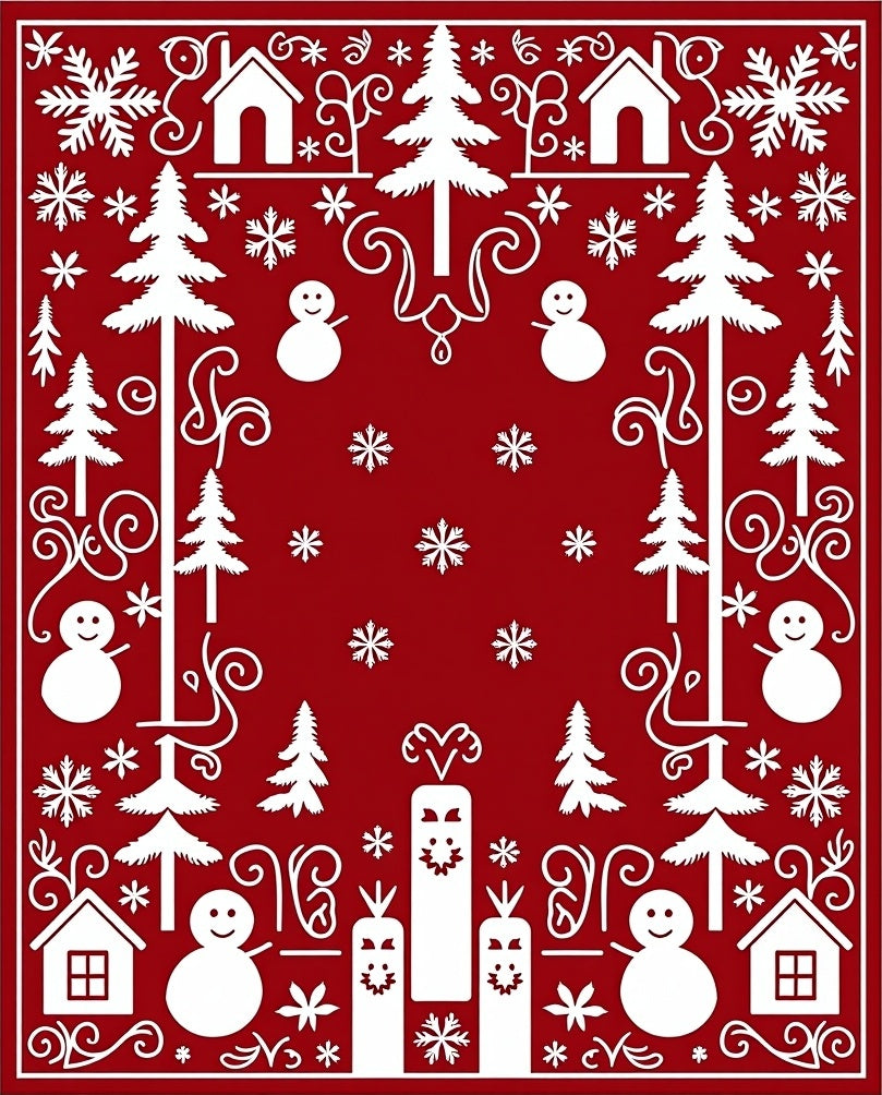 Christmas Red White Snowman Tree Border Rug