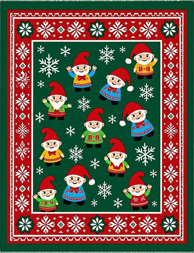 Festive Gnome Snowflakes Green Red Rug