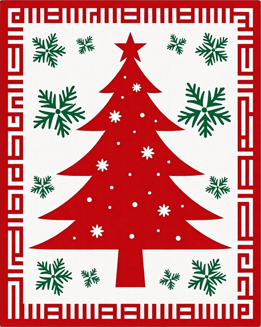 Red Christmas Tree Green Snowflakes Border Rug