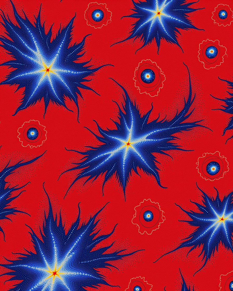 Vibrant Blue Starburst Red Background Rug