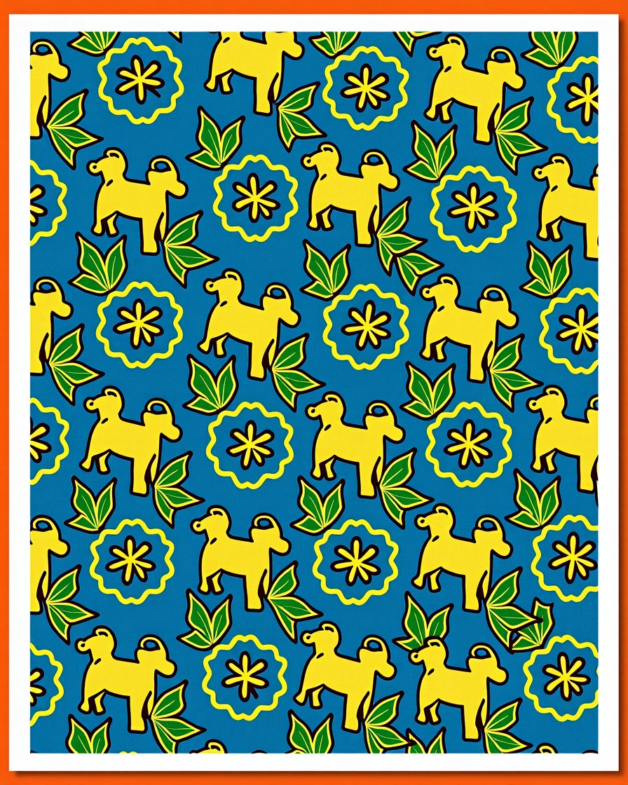 Yellow Dog Blue Floral Whimsical Garden Rug