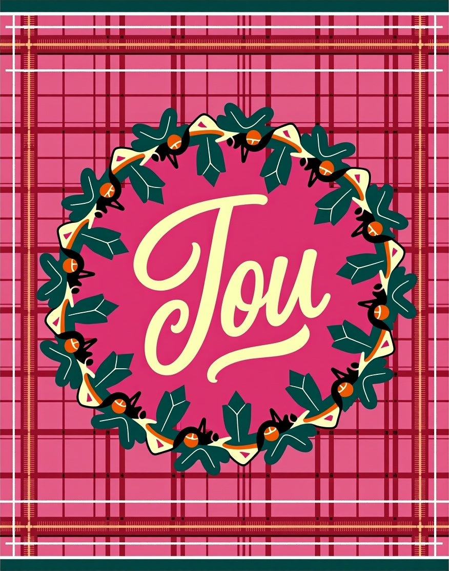 Crimson Plaid Holly Wreath Joy Rug