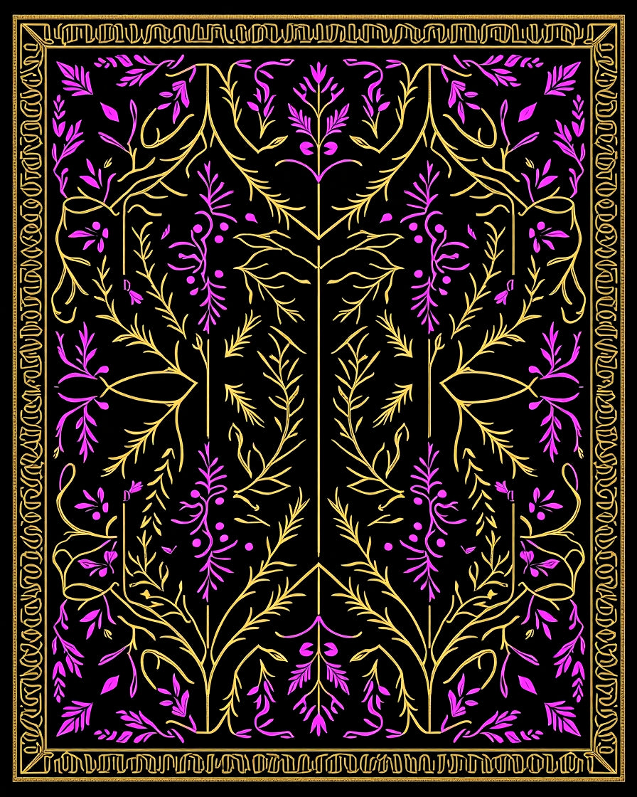 Ornate Gold Magenta Foliage Border Rug