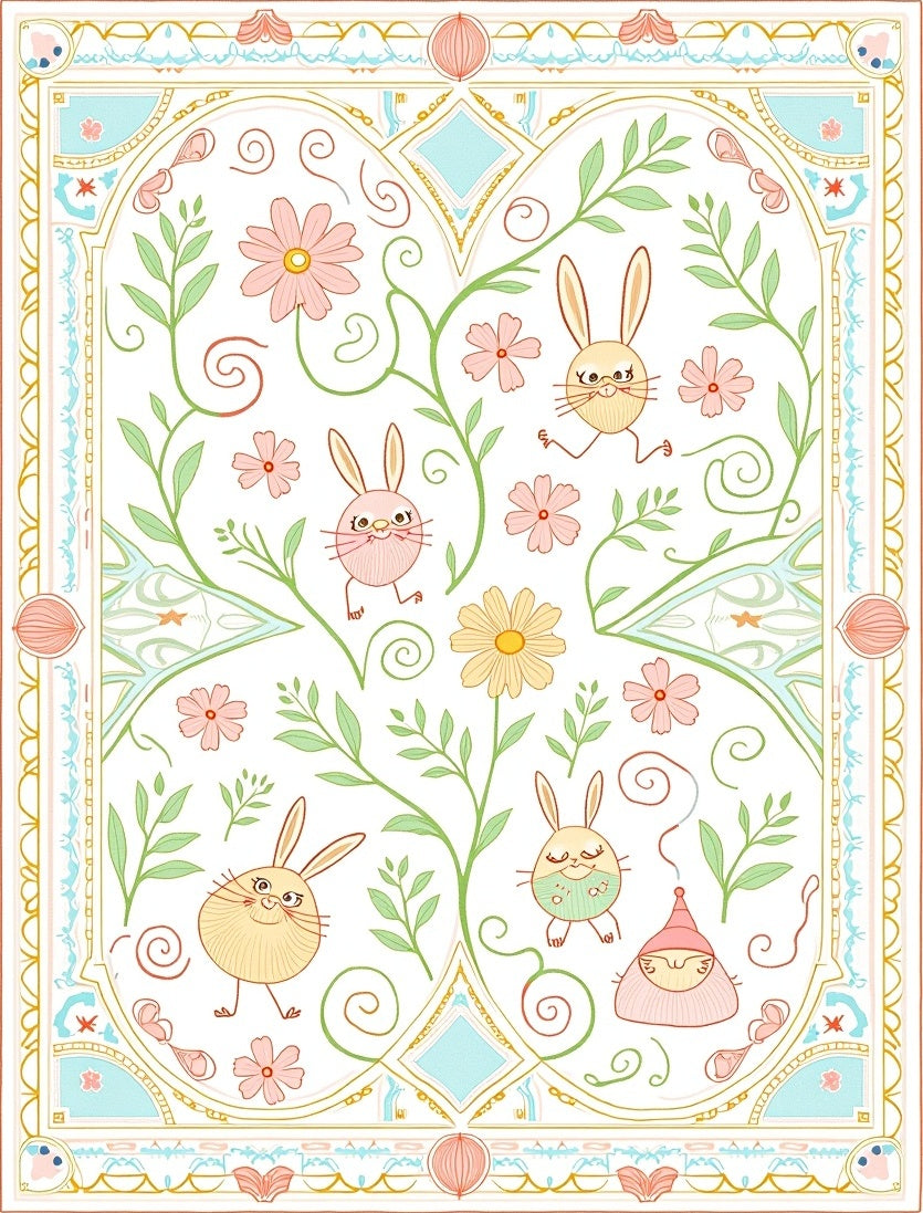 Whimsical Spring Garden Bunny Border Rug