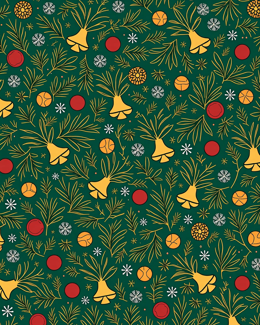 Festive Green Gold Bells Ornaments Rug