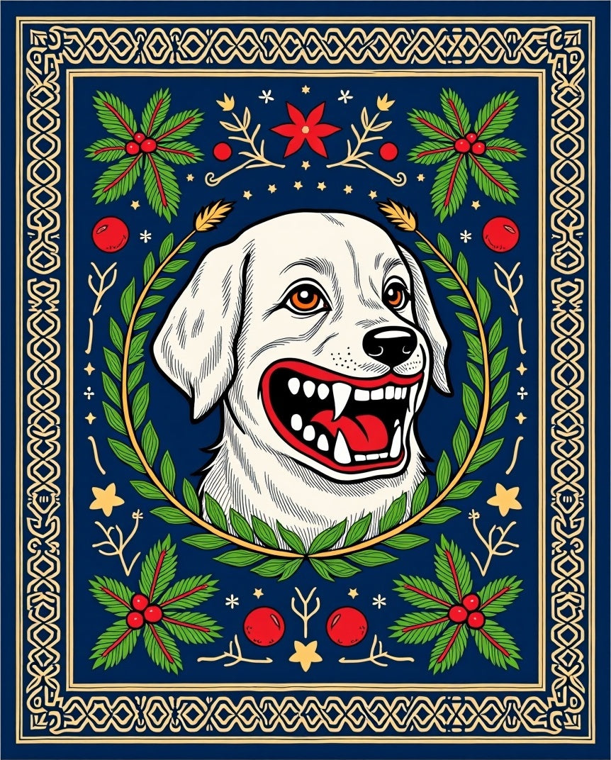 Whimsical White Dog Holly Border Rug