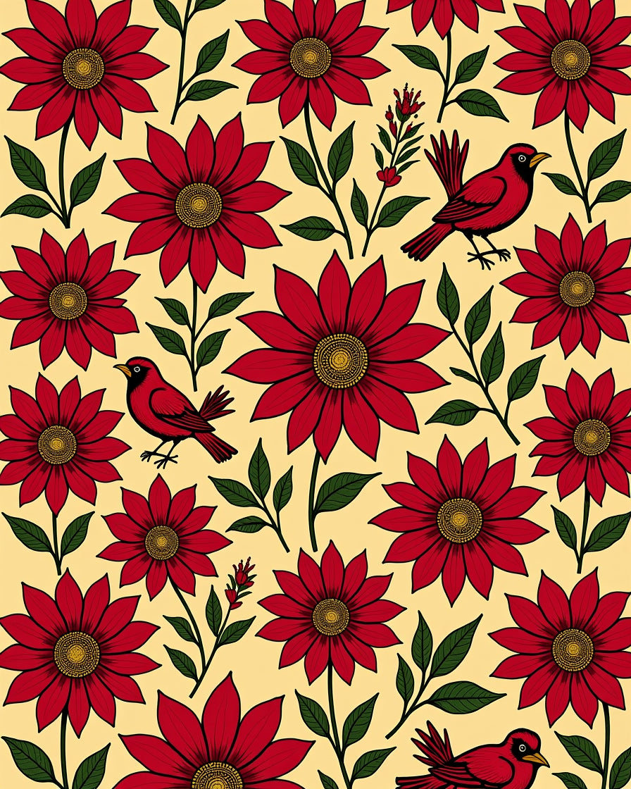 Whimsical Red Bird Floral Garden Rug